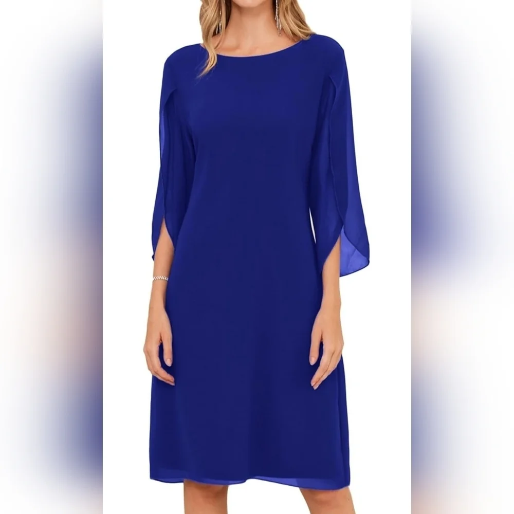NWT Sz 8 Grace Karin Royal Blue Chiffon Shift Dress Flutter Petal Sleeves V-back